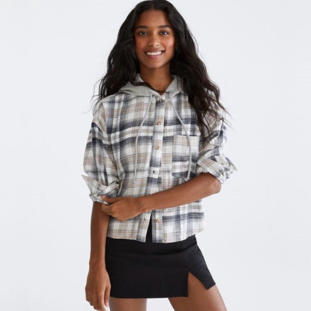 Aeropostale Hooded Plaid Shirt in Gray and Brown